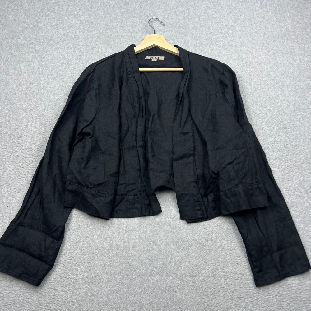 FLAX Cropped Jacket Womens Large Black 100% Linen Bolero Open Front Lightweight
